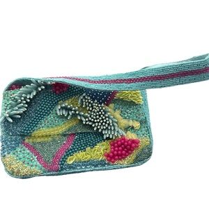Teal Beaded Clutch with Pink and Yellow Accents